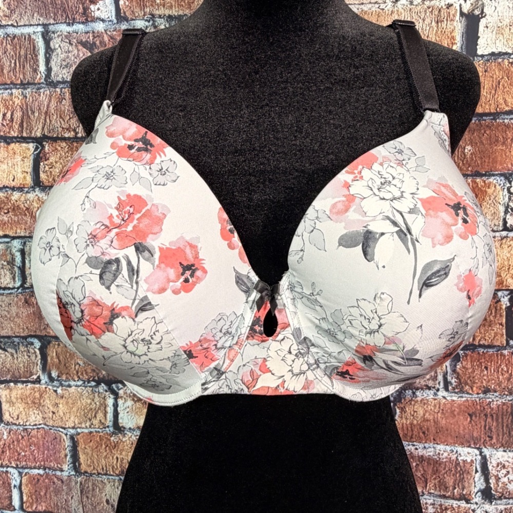 Torrid 360 Back Smoothing Floral T-Shirt Bra Grey Coral 42DDD 12131946